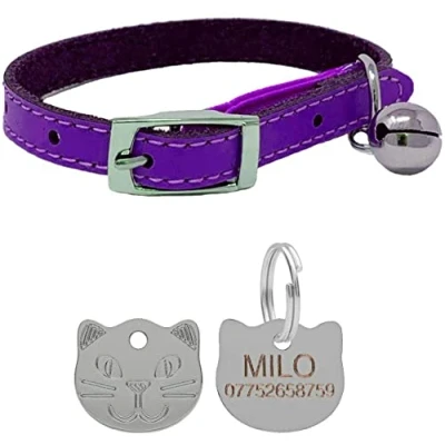 Image of Genuine Leather Cat Collar with Safety Elastic &amp; Bell Personalised Engraved Face Tag (Purple)