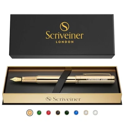 Image of Scriveiner Personalised Gold Fountain Pen Stunning Luxury with 24K Finish, Schmidt Ink Refill, Best Engraved Gift Set for Men &amp; Women, Custom Name Engraving