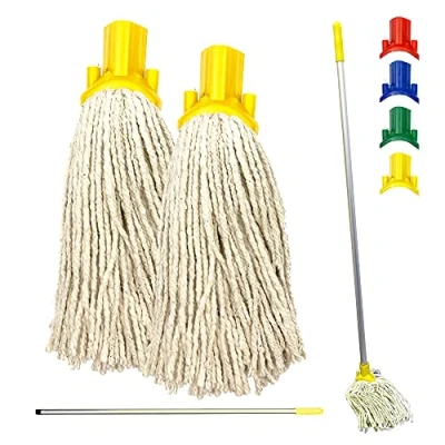 Image of Colour Coded Floor Mop Set 120cm Long Aluminium Handle and Pack of 2 String Heads Replacement for Domestic Commercial Cleaning (Yellow)