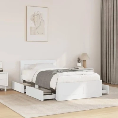 Image of vidaXL Bed Frame with Headboard/Slatted Base/Storage Drawers Small Single 75x190 cm Engineered Wood White Perfect for Bedroom