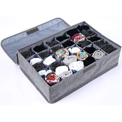 Image of Uklay Socks Organizer with Lid, 30 Cell Underwear Drawer Foldable Closet Storage Box for Ties, Lingeries, Gray