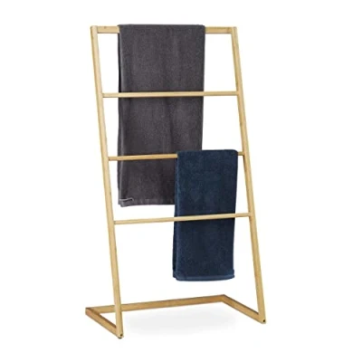 Image of Relaxdays Freestanding Bamboo Towel Holder, 4 Rails, Clothes Valet Stand, HxWxD 110 x 60 35 cm, Natural