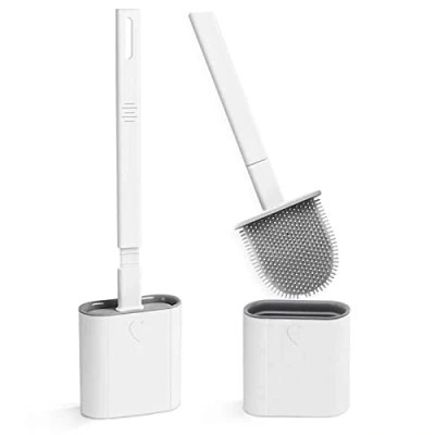 Image of Toilet Brush, 2 Pack Bathroom Silicone Brushes and Holder Sets with No Slip Long Plastic Handle Soft Flexible Bristles, holders Base for Anti drip (White)
