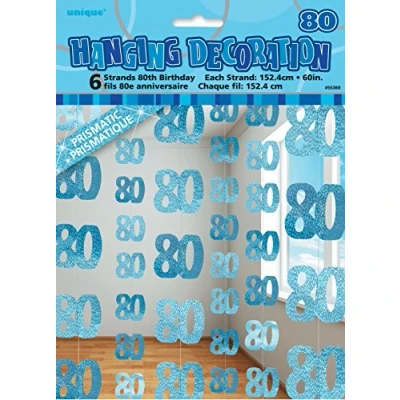 Image of Unique Party 55369 5ft Hanging Glitz Blue 80th Birthday Decorations, Pack of 6