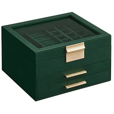 Image of SONGMICS Jewellery Box with Glass Lid, 3 Layer Organiser 2 Drawers, Storage, Plenty of Modern, Gift Idea, 20.3 x 23.1 13.5 cm, Forest Green and Gold JBC239C01