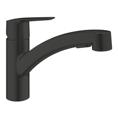 Image of GROHE Start QuickFix Kitchen Pull Out Dual Spray Mixer Tap (Low Spout, 90 Swivel Area, 35mm Ceramic Cartridge, Tails 3/8 Inch, Easy to Fit with QuickMount), Size 185 mm, Matt Black, 305312431