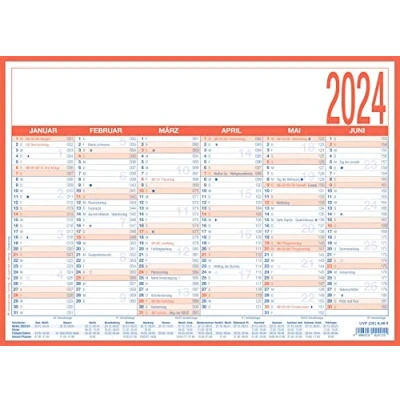Image of Arbeitstagekalender 2024 A4 (29 x 21 cm) 6 Monate auf 1 Seite Tafelkalender Pappe kaschiert Jahresplaner 908 1315