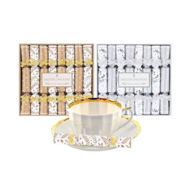 Image of Shop4allsorts 16 saucer crackers mini christmas afternoon tea silver and gold foliage 12cm x 2cm party favours.