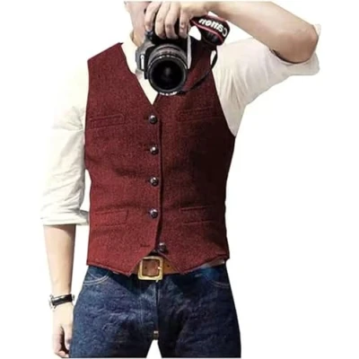 Image of Solovedress Mens Vintage Waistcoat Tweed Wool Regular Fit Suit Vest for Wedding Groomsmen(Burgundy,XXL)