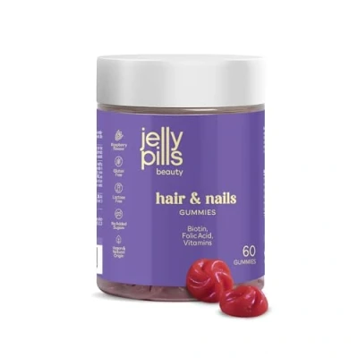 Image of Jelly Pills® Gummies with Biotin 5000 mcg, Folic Acid and 7 Vitamins No Added Sugars 60 Raspberry Flavoured Vegan to Reduce Hair Loss Nails