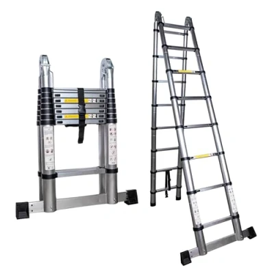 Image of 5m Telescopic Ladder A Frame Multi Purpose folding Ladders Extendable Portable with Stabilizer Bar Loft EN131 Standard