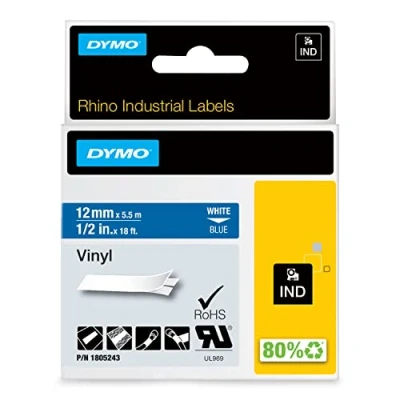 Image of DYMO Rhino Industrial Vinyl Labels 12 mm x 5.5m White Print on Blue Self Adhesive for LabelManager &amp; Label Makers