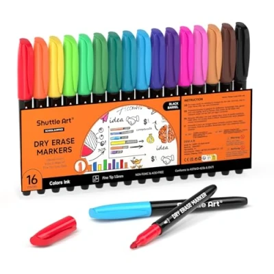 Image of Shuttle Art Whiteboard Pens, 16 Colours Markers, Fine Point Dry Erase Wipe Pens for Writing, Drawing on Whiteboards, Weekly Planner, Glass School Office Home