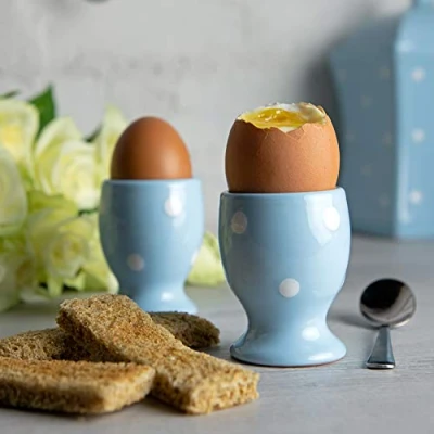 Image of City to Cottage Ceramic Egg Cup Holder set of 2, Soft Boiled Cups, Hard Eggs Stand Holders, Breakfast Cooking Kitchen Serving Cup, Handcrafted Cups (Baby Blue Polka Dot)