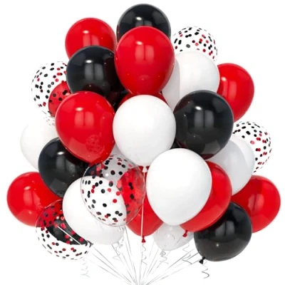 Image of Teselife Red and Black Balloons, 30Pcs 12 Inch White Confetti Balloon with Ribbon for Grils Boys Kids Baby Shower Birthday Wedding Graduation Casino Poker Card Pirate Theme Party Supply