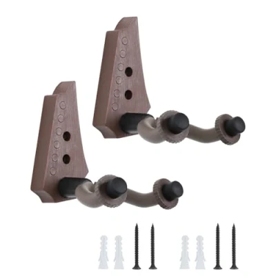Image of OTraki Guitar Wall Mount 2 Pack, Hanger Hook Holder Stand Bracket Auto Lock with Screws Instrument Support for Electric Acoustic Bass Ukulele (Brown)