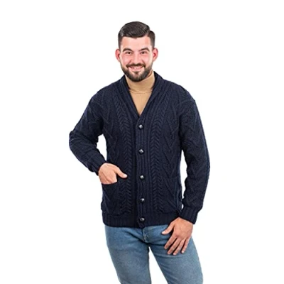 Image of SAOL 100% Merino Wool Mens Aran Cable Shawl Collar Cardigan, in Charcoal/Army Green/Navy (Navy, X Large)
