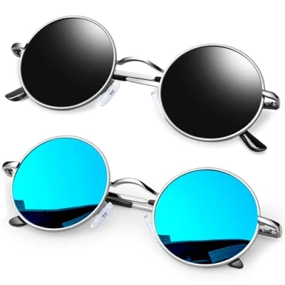 Image of KANASTAL 2 Pack Polarised Round Sunglasses Small Hippie Circle Vintage Womens Mens Blue Mirrored Flat Lens Silver Frame Black +