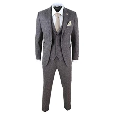 Image of Mens Wool 3 Piece Check Suit Tweed Brown Tailored Fit Gatsby 1920s