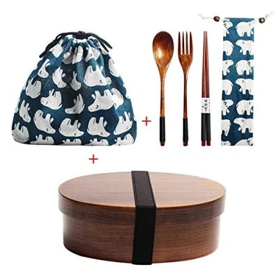 Image of Wooden Lunch Box Japanese Bento Dinnerware Set with Bag &amp; Spoon Fork Chopsticks Picnic for Students (JP1)