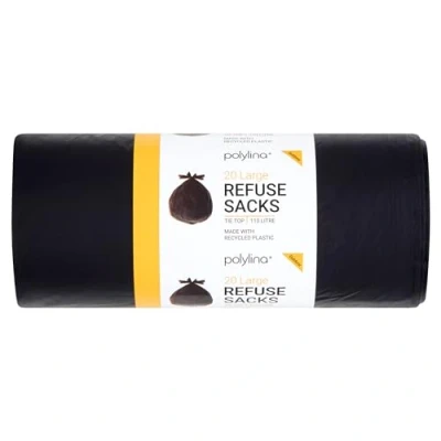Image of Polylina 20 Tie Top Large Tough Durable Heavy Duty Bin Bags Refuse Sacks, Recycled Plastic, Black, 110 Litre