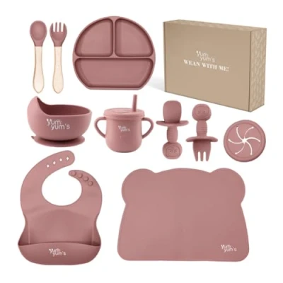 Image of Yum Yum&#039;s Baby Weaning Set Includes Toddler Water Bottle, Cups, Bowls, Spoon, Fork, Plate &amp; More Feeding Gifts Present 10 Pieces (Pink)