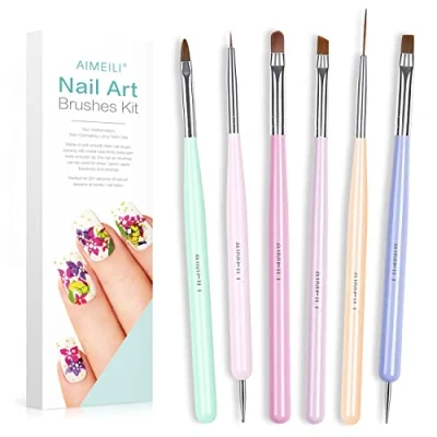 Image of AIMEILI 6pcs Nail Art Brushes, Gel Polish Design Painting Tools Set with Double Ended Extension Brush, Drill Drawing Brush Pen