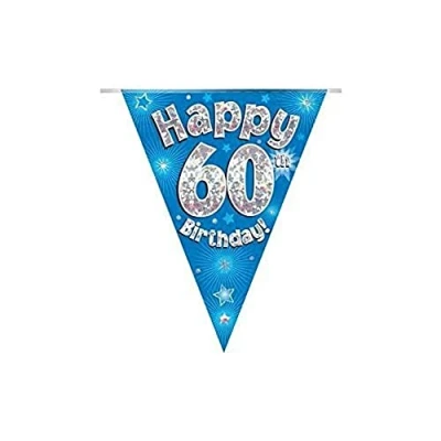 Image of Party Bunting Happy 60th Birthday Blue Holographic 11 flags 3.9m