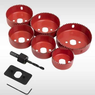 Image of Dunnet Tools Downlight Holesaw 9 Piece Set 51mm, 60mm, 64mm, 70mm, 76mm &amp; 86mm Steel Hole Saw Cutters, Arbor and Accessories Ceiling Downlighter Installation Kit for Plasterboard, Plastic Wood