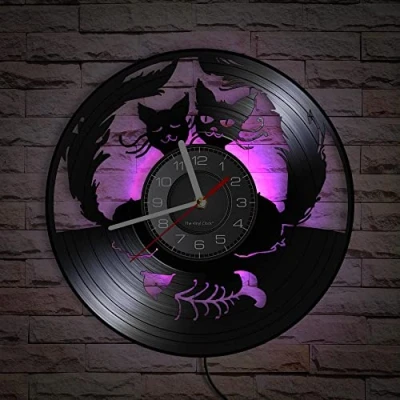 Image of Smotly Vinyl wall clock, designed by cat lovers, with LED night light function, is a clock gift for animal lovers.