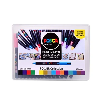 Image of Posca Pens PC 1MR Ultra Fine Acrylic Felt Tip Coloured Permanent Paint Markers for Adults, Kids. Perfect Colouring, Fabric, Graffiti, Watercolour, Outline Drawing, Window and Glass Art. 16 Pack