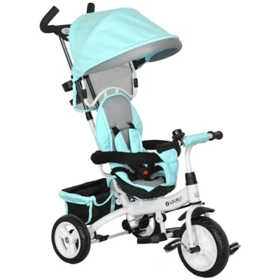 Image of HOMCOM 6 in 1 Trike, Kids Tricycle, Pedal Push Bike w/Push Handle, Removable Canopy, 5 point Safety Belt, Storage, Footrest, Brake, for Years Toddler, Green