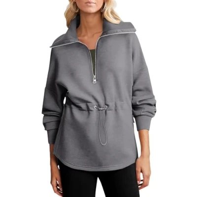Image of BTFONIA Womens Oversized Sweatshirts Half Zip Drawstring Waist Long Sleeve Side Slits Casual Pullover Sweatshirt Tops(Gray,XL)