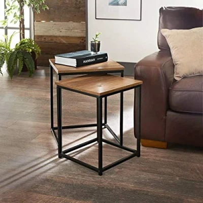 Image of AJ Set of 2 Nest Tables Trosmo Metal Frame Wood Dark Oak Effect Coffee Side Center Living Room