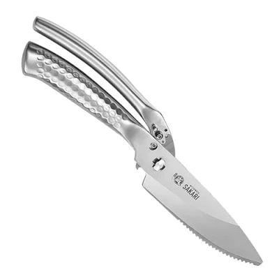 Image of MITSUMOTO SAKARI Japanese Multipurpose Stainless Steel，Silver Titanium Plating Sharp Scissors Heavy Duty, 4.7 inch Professional Kitchen Poultry Shears for Chicken, Meat, Bone, Fish