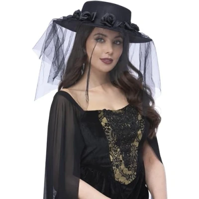Image of Smiffys Gothic Black Widow Funeral Hat with Roses &amp; Veil, Halloween Fancy Dress Accessory, Up Hats