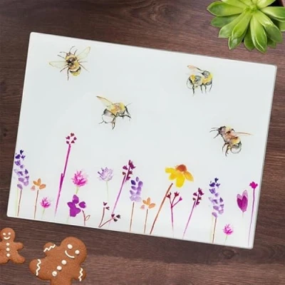 Image of Unique Living Bees &amp; Flowers Glass Worktop Saver Chopping Cutting Board 40x30 cm