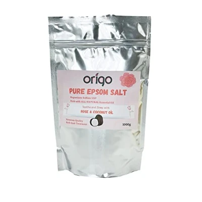 Image of Origo Pure Epsom Salt with Rose Oil (rosa damascena) and Coconut 1KG Best for Good Sleep Raising Your Body Frequency Stress Relief Beauty Relaxing Care