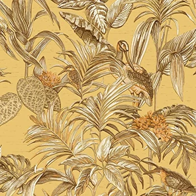 Image of Sample Cream Gold Tropical Wallpaper Birds Palm Textured Paste The Wall Vinyl