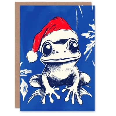 Image of Artery8 Santa Hat Cute Frog Vibrant Drawing Blank For Him Or Her Art Xmas Festive Christmas Card