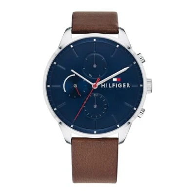 Image of Tommy Hilfiger Men&#039;s Analogue Multifunction Quartz Watch Brown Leather Strap, 44mm Navy Dial, 3 Hand Movement, Water Resistant 5ATM 1791487