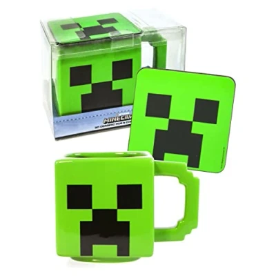 Image of Minecraft Creeper Mug &amp; Coaster Set for Adults Kids Cup 550ML Drink Holder Christmas Gamer Gift Green White Ceramic Boys, Girls, Men Women