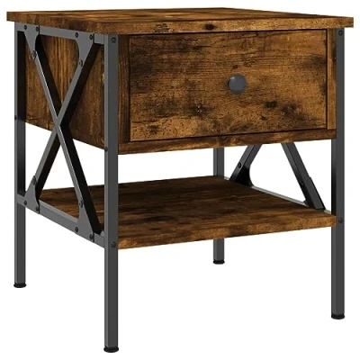 Image of vidaXL Engineered Wood Bedside Table in Smoked Oak Industrial Style Nightstand with Iron Frame and Adjustable Feet