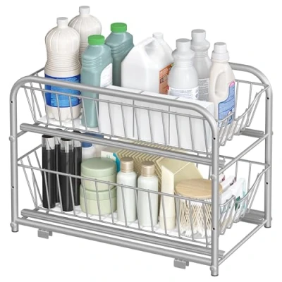 Image of SONGMICS Set of 2 Cupboard Organiser, Tier Under Sink Storage Organiser with Sliding Basket Drawers, Stackable Cabinet for Kitchen, Bathroom, Metallic Silver KCS017E02