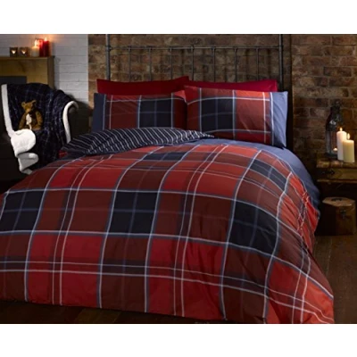 Image of Argyle King Size Quilt Duvet Cover and 2 Pillowcase Reversible Bedding Bed Set, Tartan Check Red