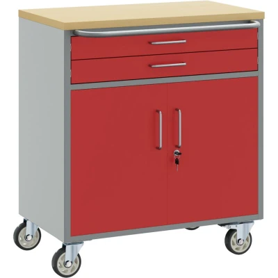 Image of vidaXL Industrial Mobile Tool Storage Cabinet Red/Grey Steel, Ball Bearing Drawers, Engineered Wood Top, 45x75x85cm
