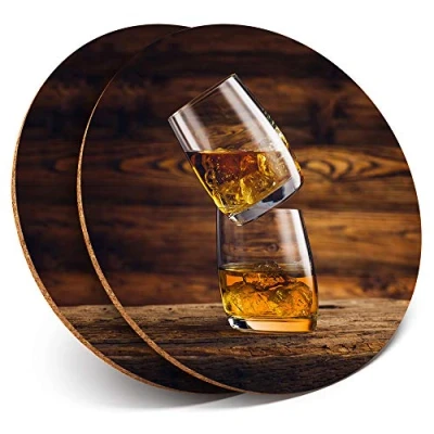 Image of 2 x Round Coasters Whiskey Glasses Drink Whisky Alcohol Cork Backed Home Kitchen Accessory Tea Coffee Mug Mat #16204
