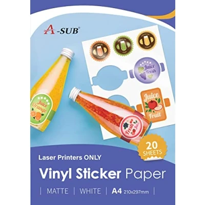 Image of A SUB White Matte Premium Waterproof Printable Vinyl Sticker Paper, Self Adhesive Labels for Laser Printers, A4 Size, 20 Sheets