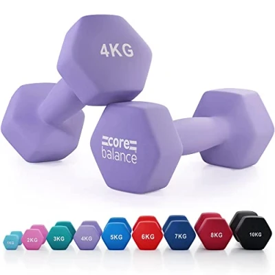 Image of Core Balance 4kg Dumbbell Pair Hex Weight Neoprene Coated Cast Iron Strength Training (Purple)