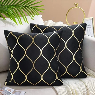 Image of Hanrunsi Cushion Cover Black and Gold Velvet Decorative Throw Pillow Covers Soft Modern Case for Living Room Bedroom Sofa 2 Pieces 40 x 40cm